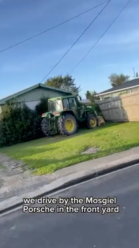 A tractor parked in a Mosgiel front yard seen on the Bin Blast route